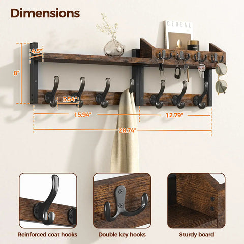 29 Inch Wall Mounted Coat Rack With Shelf And 11 Metal Hooks 4 In 1 Entryway Organizer For Coats Keys Bags Hats Mail Rustic Brown