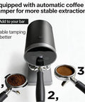 58mm Automatic Espresso Coffee Tamper With Adjustable Height And Custom Pressure Control shown over coffee grounds for stable extraction.