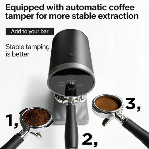 No Sweat 58mm Automatic Espresso Tamper With Digital Pressure Controls and Height Adjustment for Foolproof Coffee Puck Compression and Real Deal Espresso Quality Daily, showcasing the tamper with coffee grounds.