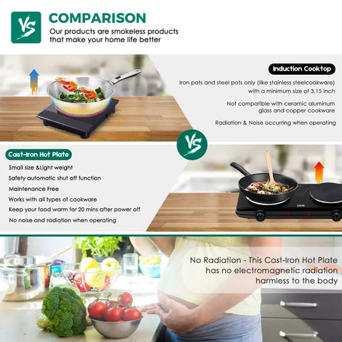 Comparison of double cast iron two burner portable electric stove with induction cooktop and fresh vegetables displayed