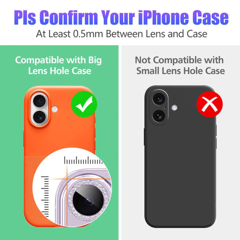 Six Pack Camera Lens Protector Kit For iPhone 17 6.3 Inch With Bling Diamond And Glitter Metal Ring Purple 9H showing compatible cases