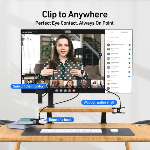 Total Game Changer 4K Center Screen Webcam with Punchy Mic mounted on monitor for video calls, ensuring perfect eye contact.