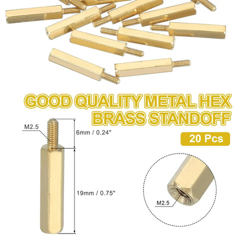M2.5 X 19 Plus 6 Millimeter Female Thread Hex Brass Pcb Standoffs Twenty Piece Gold Spacer Set Built Different For Fpv Drones And Motherboards Sick Fit Hardware For Zero Sweat Assembly, showing 20 brass standoffs with dimensions.