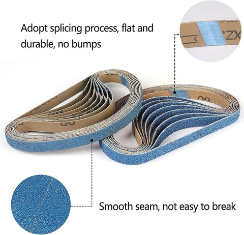 30 Piece Sanding Belts Assorted Kit Top Shelf P80 Grit Abrasive Strips showcasing durable blue abrasive material for wood and metal grinding.