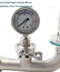 Geife 1.5 in stainless steel tri-clamp spunding valve with diaphragm pressure gauge, front view.