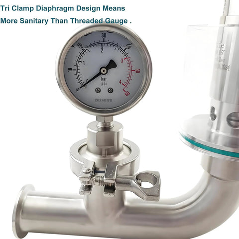Geife 1.5 in stainless steel tri-clamp spunding valve with diaphragm pressure gauge, front view.