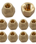 Premium Quarter Inch Brass Flare Nuts 10 Pack Corrosion Resistant Hardware for Fuel Oil Gas and Vacuum Lines, close-up view.