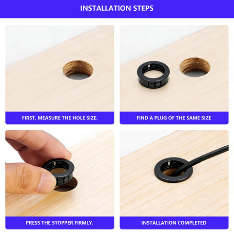Installation steps for 305 Piece Black Nylon Cable Snap Grommets Set Round Locking Bushing Protectors for Wires, 4 images