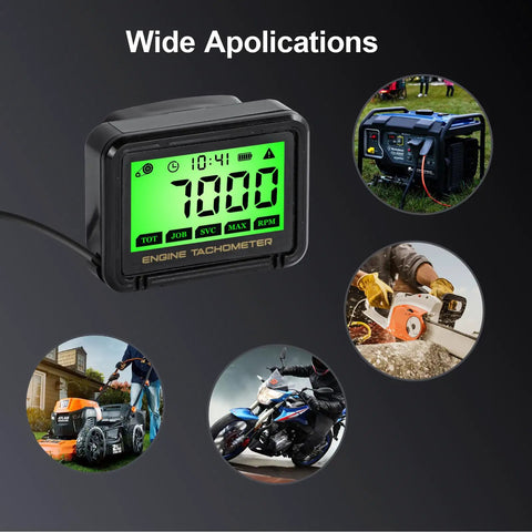 Digital Tachometer For Small Engines With LCD RPM Meter Hour Meter Waterproof Pulse Tach Replaceable Battery Boss For Lawn Mowers Dirt Bikes Boats Marine And UTVs 0 To 18,000 RPM Two Mode And Up To 36,000 RPM Three Mode Alarm Memory Auto Sleep