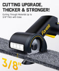 C10 Pro BowGuide Electric Cardboard Cutter Cordless Scissors cutting through 3/8 inch thick carpet with LED display