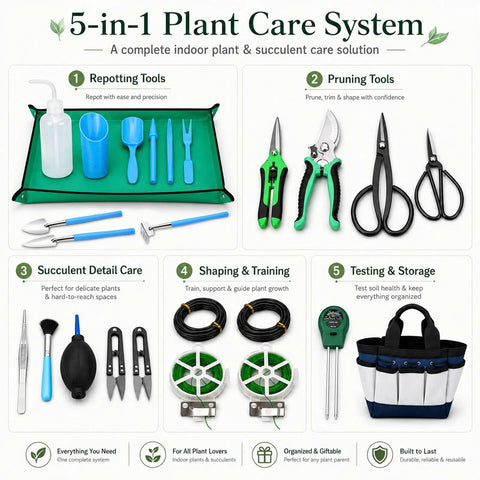 25 Piece Succulent And Bonsai Tools Set For Beginners Indoor Plant Care Kit With Repotting Mat Organizer Tote Soil Moisture Meter Pruning Shears Mini Garden Tools A Must Have Gift For Women And Men, 5-in-1 set layout