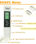 3 In 1 Digital Water Quality Tester TDS EC And Temperature Meter For Drinking Water Pools And Aquariums 0 To 9990 PPM Quick Read High Accuracy Easy Button Operation, showing button labels and features.