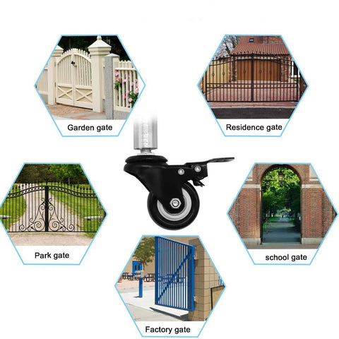 Heavy Duty 1.5 Inch Swivel Caster Gate Wheel Flat Free Polyurethane Roller With Retractable Spring Shock Absorber displayed near various gates