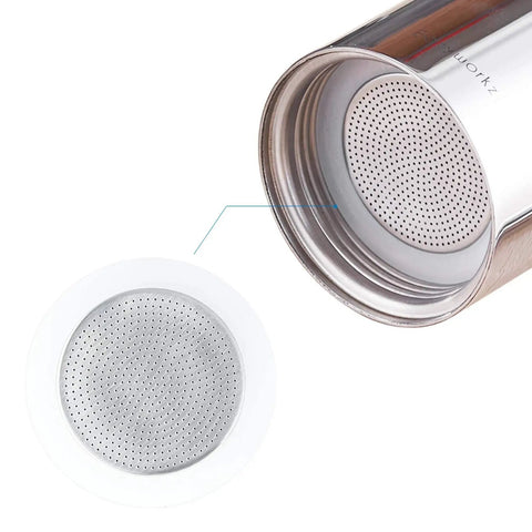 Stovetop Espresso Maker Replacement Gasket Seals And Stainless Filter Screen For 12 Cup Moka Pot Includes Two FDA Grade Silicone Gaskets And One Stainless Steel Filter Dishwasher Safe Silver Finish showing stainless filter