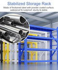 Close-up of heavy duty garage shelving unit, adjustable steel storage rack showcasing pipe details, sturdy for workshop use.