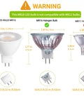 Comparison of LED Bulb MR16 and MR16, MR11 Halogen bulbs with sizes and bases, highlighting Heavy Duty MR16 LED Bulbs 6 Pack GU53 Bi Pin Base 5 Watt Replaces 50 Watt Halogen 5000K Daylight White 12 Volt Low Voltage Replacement Kit With Next Stage Brightness And A Total No Sweat Install.