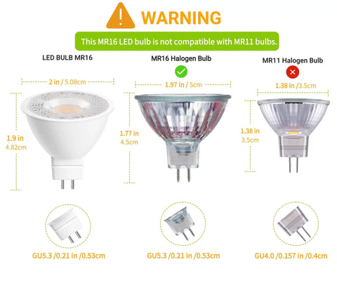 Comparison of LED Bulb MR16 and MR16, MR11 Halogen bulbs with sizes and bases, highlighting Heavy Duty MR16 LED Bulbs 6 Pack GU53 Bi Pin Base 5 Watt Replaces 50 Watt Halogen 5000K Daylight White 12 Volt Low Voltage Replacement Kit With Next Stage Brightness And A Total No Sweat Install.