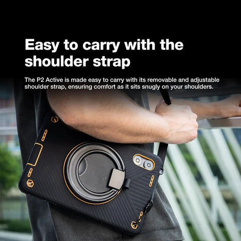 Kickass Rugged Android 14 Tablet With 11 Inch Crisp 90Hz Screen and Massive Storage shown with adjustable shoulder strap.