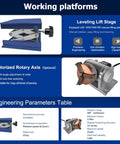 60W Pulse Laser Jewelry Spot Welder With Snazzy Touchscreen Display And Sharp Zoom Lens for lift stage and rotary axis details.