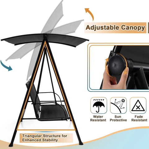 Side view of Two Person Porch Swing With Adjustable Canopy, Comfortable Fabric Seat And Heavy Duty Steel Frame, adjustment knob.