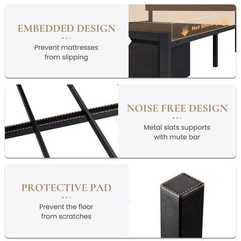 Features of Black Queen Bed Frame Featuring Integrated Led Lights And Convenient Charging Station, with embedded design and protective pad.