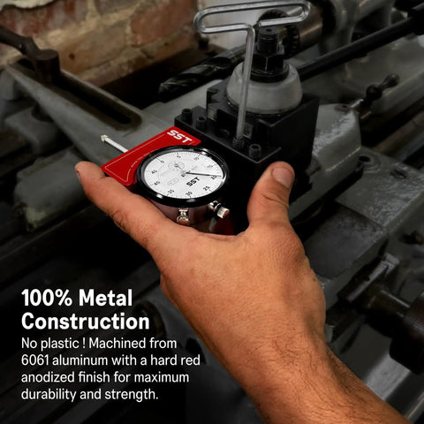 Lathe Tool Post Indicator For Fast Precise Setup And Centering In 3 Jaw And 4 Jaw Chucks Durable Aluminum Housing Built To Last With Accurate Readouts And A 5 Year Warranty For Machinists And Gearheads. red 6061 aluminum lathe indicator on chuck