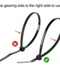 Heavy Duty Self Adhesive Zip Tie Mounts Kit Includes Eight Inch Zip Ties And Screws UV Protected Outdoor Sticky Wire Fasteners Cable Clips Anchors And Organizer Squares For Keeping Wires Tidy On Walls Desks And Furniture showing correct and incorrect zip tie usage.
