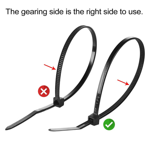 Heavy Duty Self Adhesive Zip Tie Mounts Kit Includes Eight Inch Zip Ties And Screws UV Protected Outdoor Sticky Wire Fasteners Cable Clips Anchors And Organizer Squares For Keeping Wires Tidy On Walls Desks And Furniture showing correct and incorrect zip tie usage.