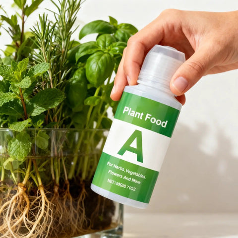 Pro Grade Hydroponic Nutrients A And B For Indoor Plants Fertilizer And Plant Food with herbs in glass pot
