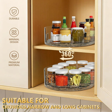 Smooth Spin Rectangular Lazy Susan Turntable keeps your kitchen super slick, displaying condiments and spices in organized cabinets.