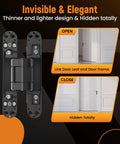 7 Inch Invisible Door Hinge Set For Heavy Doors With 180 Degree Concealed Opening 3 Way Adjustable High Load Capacity Supports Up To 177 Lbs Fits Door Thickness Over 45mm Black Finish 2 Pack By MaXpeedingrods, showing an open and closed view.
