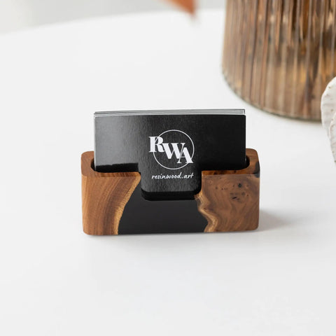 Black Wood And Epoxy Card Holder And Desk Organizer For Office Decor with sleek slim card holder displaying business cards