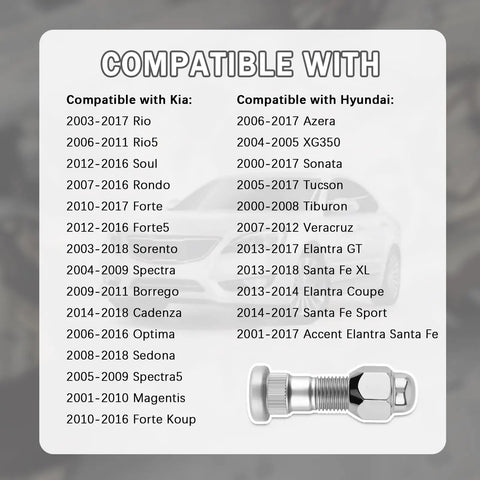 Premium 4 Set M12x1.5 Wheel Bolt And Lug Nut Upgrade Kit For Hyundai Tucson Azera Veloster Santa Fe Elantra Kia Replacement Studs That Fix Your Ride Smoothly Without Duds Or Glitches In The Drive Today. Compatible M12x1.5 steel wheel bolt and lug nut for Kia and Hyundai