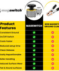 Comparison of Magswitch magnetic clamp vs non-magnetic clamp with highlighted features for welding tables, kits, and accessories.