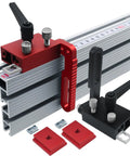 Universal 3.5 Inch Fence Flip Stop Block T Track Stop Block Featuring Dead On Calibrated Hairline Reader For Table Saw Miter And Drill Press No Sweat Alignment And Nailed Down Precision Woodworking Gear with red and black clamps on aluminum rails.
