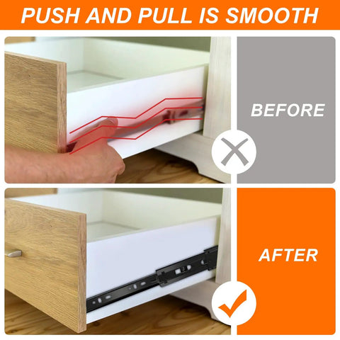 "Before and after comparison of cabinet with Five Pairs Of Twenty Inch Soft Close Drawer Slides With Full Extension Ball Bearing Side Mount Glides."