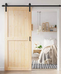36x84 Inch Sliding Barn Door Slab With 6.6 Foot Hardware Kit Spruce Solid Wood Construction Easy DIY Assembly installed in bedroom