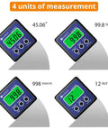 Slick Digital Angle Finder With Crystal Clear Lcd Display Waterproof Protractor And Reliable Inclinometer For Miter Saw Cuts Auto Diagnostics And Angle Checks That Deliver Hella Precise Reads Every Time Blue with different measurement units.