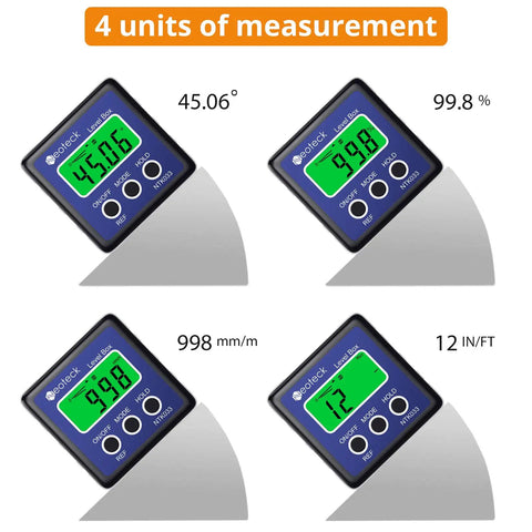 Slick Digital Angle Finder With Crystal Clear Lcd Display Waterproof Protractor And Reliable Inclinometer For Miter Saw Cuts Auto Diagnostics And Angle Checks That Deliver Hella Precise Reads Every Time Blue with different measurement units.