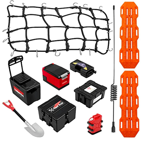 10 Piece RC Crawler Roof Rack Gear Kit With Luggage Net Fishing Box Oil Drum Shovel Antennas Recovery Board For Traxxas TRX4 TRX6