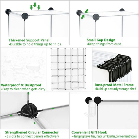Modular Cube Storage Organizer 30 Cube Shelving Unit DIY Plastic Bookshelf Closet Cabinet For Bedroom Living Room And Office Transparent White 60.6 Inch Long By 12.4 Inch Wide By 72.6 Inch High Space Saving Display features close-up details including thickened support panel, small gap design, and strengthened circular connector.