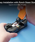 Using punch down tool on 25 Pack Cat6 Keystone Jacks 10Gbps RJ45 Ethernet Modular Jacks White With Punch Down Stand.