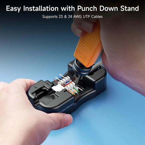 Using punch down tool on 25 Pack Cat6 Keystone Jacks 10Gbps RJ45 Ethernet Modular Jacks White With Punch Down Stand.