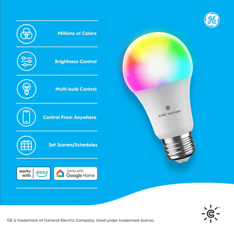 Smart LED Light Bulb Color Changing With WiFi And Bluetooth, A19 Shape displayed with color spectrum on blue background