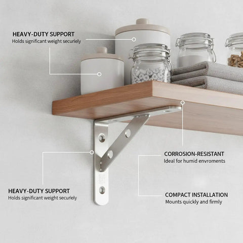 Heavy-Duty Wall Mount Shelf Support L-Bracket Stainless Steel holds wooden shelf with jars in kitchen storage setup