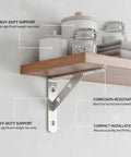 Beefy Sturdy Stainless Steel Wall Shelf Bracket With L Shape Design for kitchen storage showing support of wooden shelf with jars