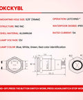 Diagram and specifications of Beefy Rugged Heavy Duty 16mm Latching Push Button Switch 12V DC IP65 Waterproof