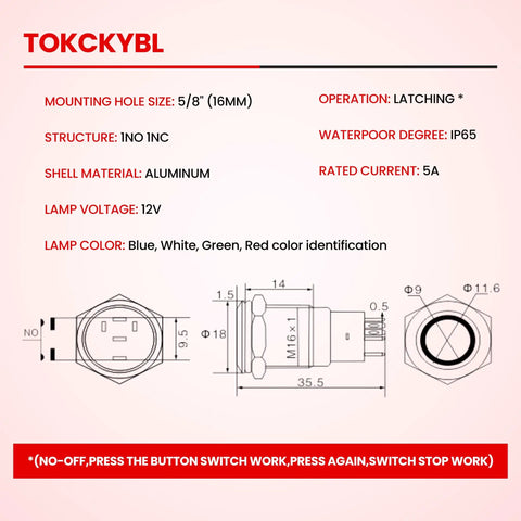 Diagram and specifications of Beefy Rugged Heavy Duty 16mm Latching Push Button Switch 12V DC IP65 Waterproof