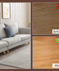 Before and after flooring comparison showing scratches removed with Top Notch 2.5 Inch Furniture Coasters 12 Pack.
