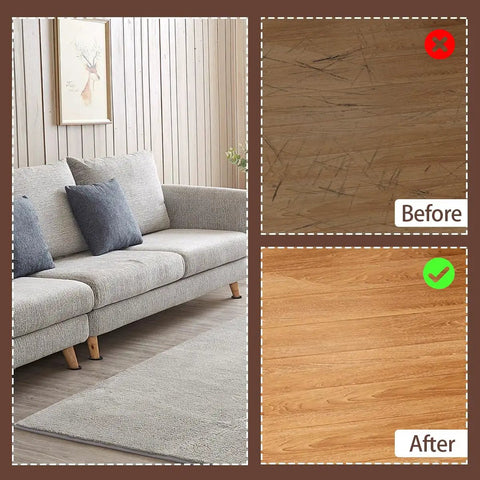 Before and after flooring comparison showing scratches removed with Top Notch 2.5 Inch Furniture Coasters 12 Pack.